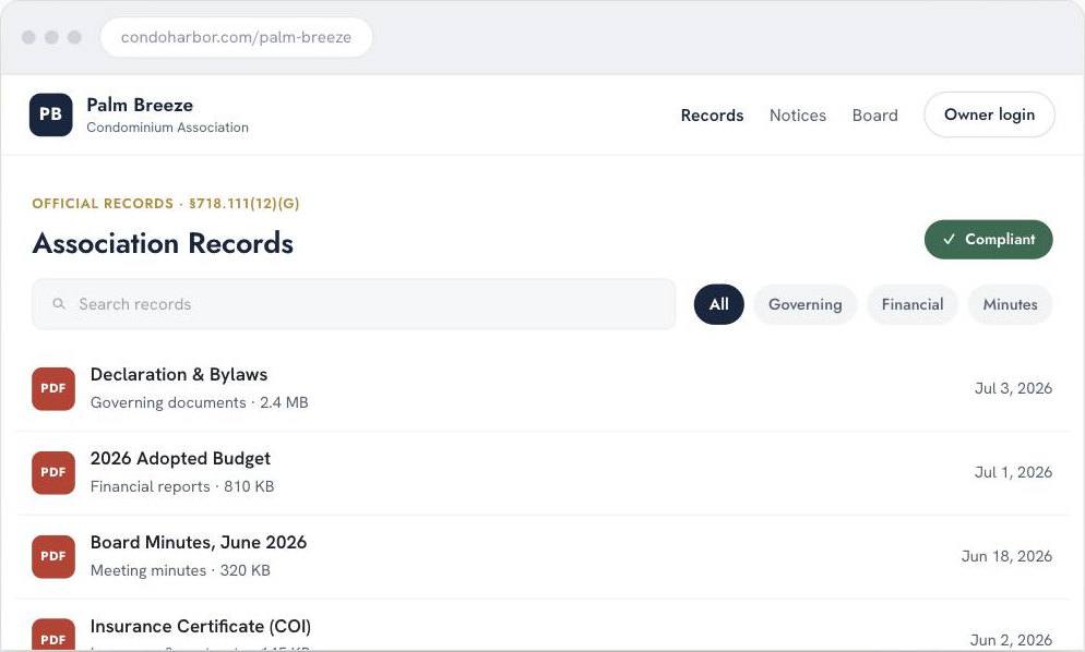 The Palm Breeze owners-only records portal, every record posted and marked compliant.